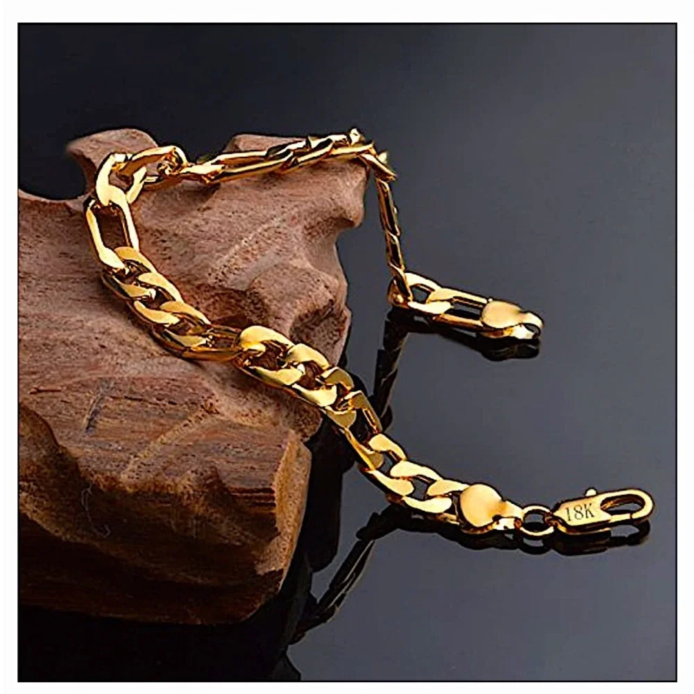 GOLD CUBAN FIGARO CHAIN LINK 8MM UNISEX 18K BRACELET